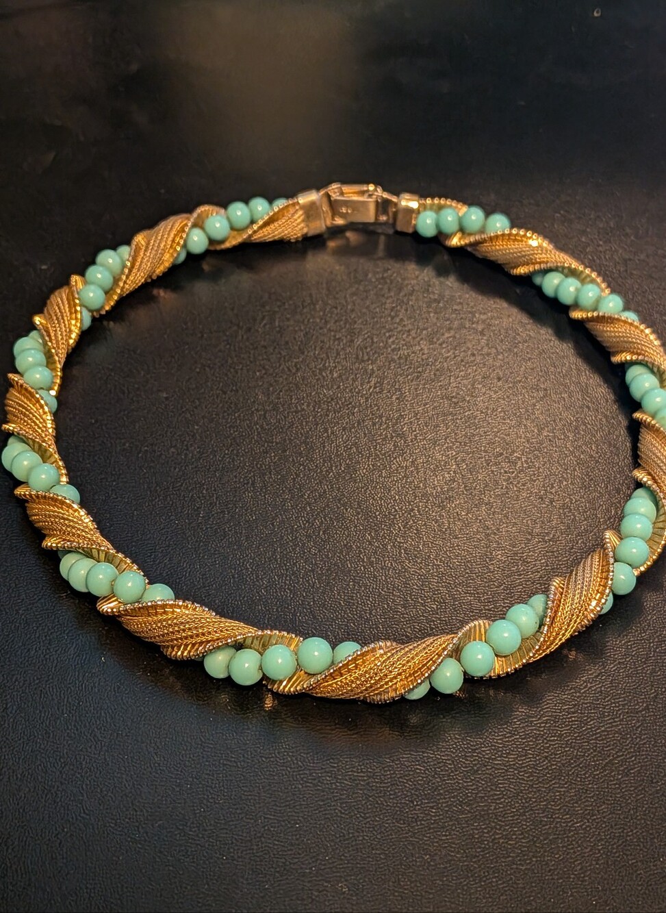 Vintage Napier Gold Mesh & Turquoise Bead Twisted Choker Necklace 16"